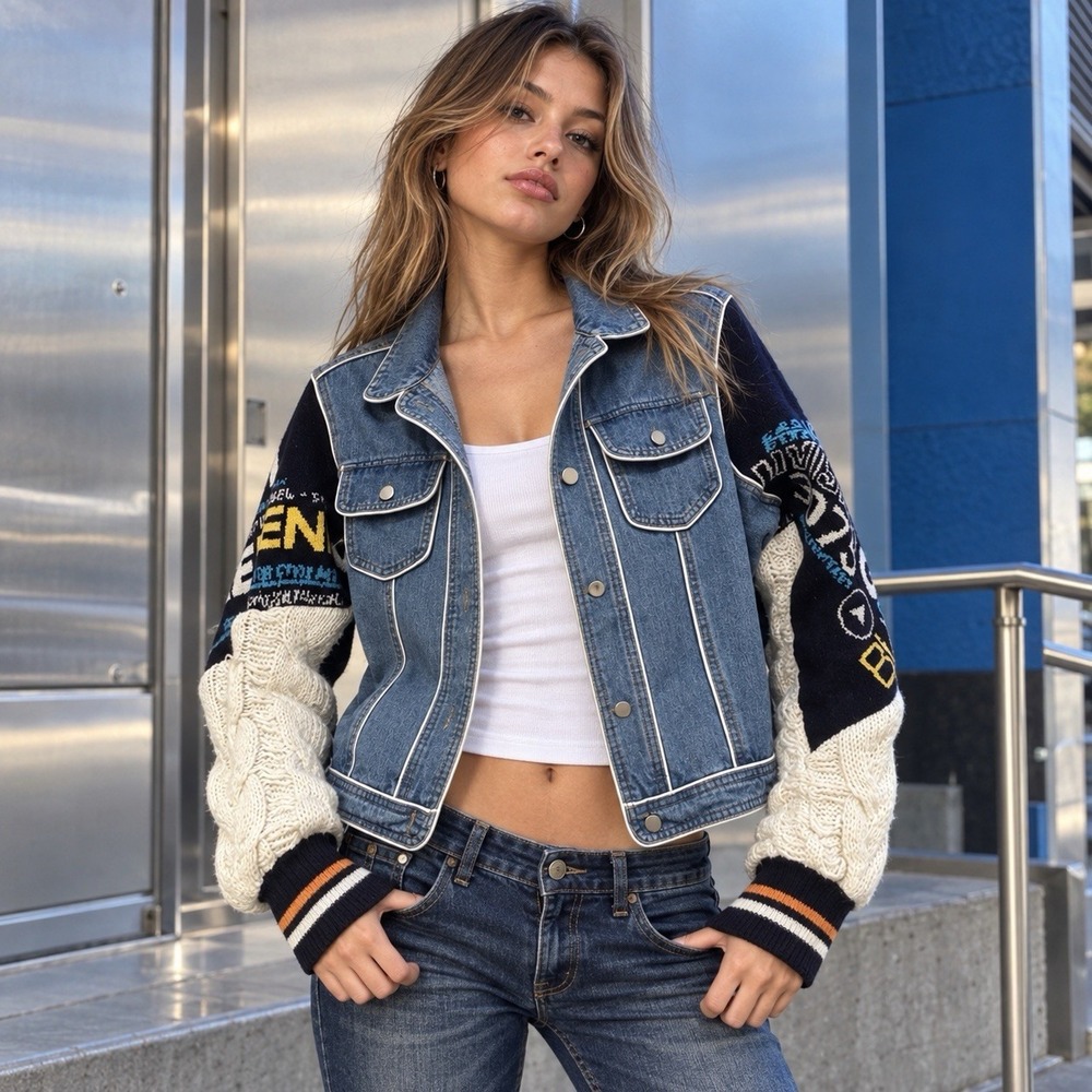 Daisy Denim Jacket Sz L Graphic Cable Knit Sweater Sleeves Y2K Retro Urban